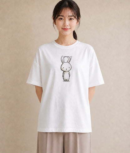 半袖Tシャツ レディース ミニうさぎ ペット 動物 イラスト ガーリー レイヤード 友達ギフト 白T