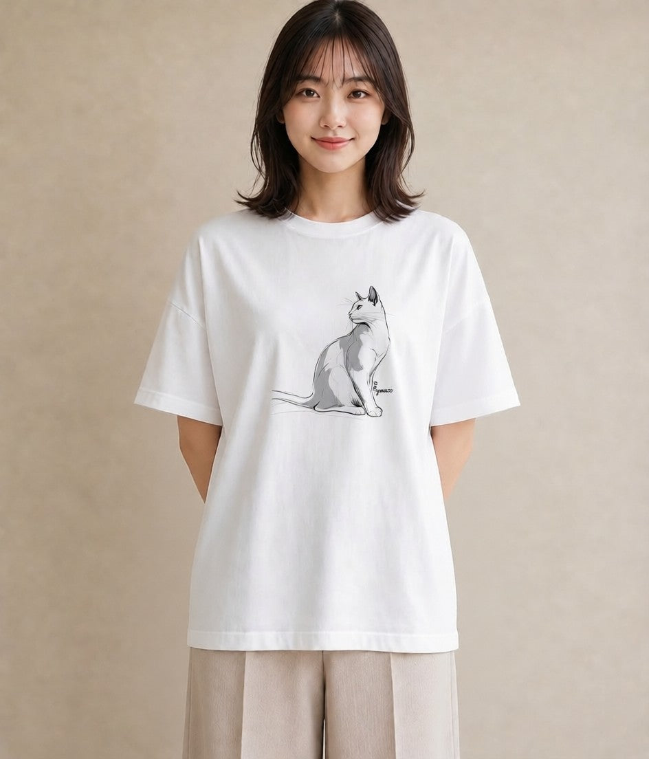 半袖Tシャツ レディース 白猫 猫 ねこ イラスト 抜け感 海 カフェ巡り 白T