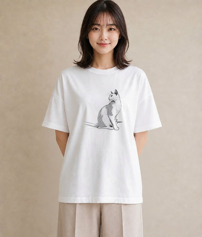 半袖Tシャツ レディース 白猫 猫 ねこ イラスト 抜け感 海 カフェ巡り 白T