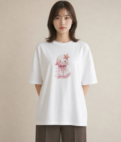 デザインTシャツ レディース イカ 海の生き物 海 イラスト ミニマル 旅行 母娘コーデ 白T