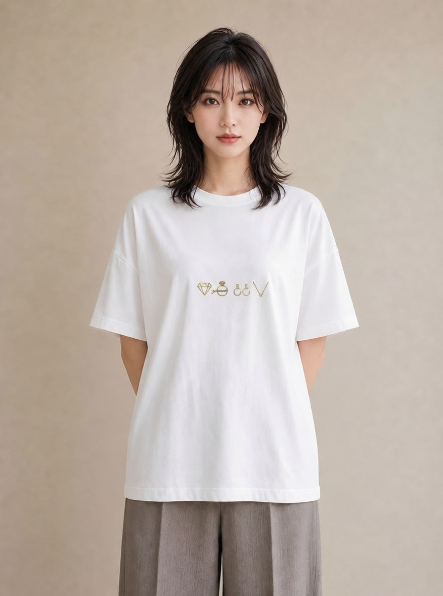 Tシャツ レディース パールピアス アクセサリー ナチュラル アンティーク イラスト アート風 誕生日プレゼント 綿100 白T