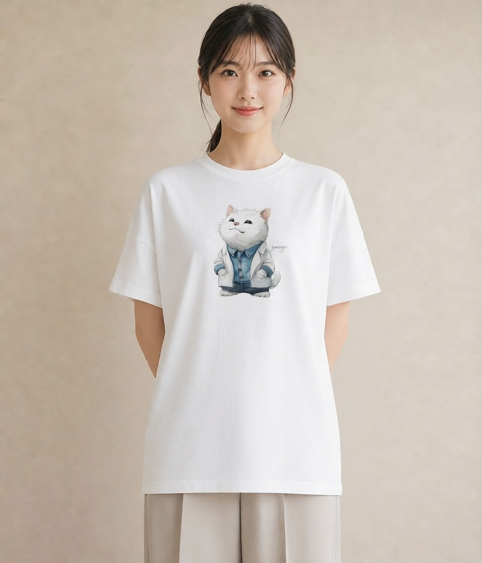 グラフィックTシャツ レディース サバトラ 猫 ねこ イラスト フェミニン デイリーウェア 休日 白T