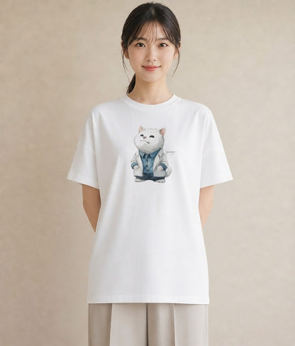 グラフィックTシャツ レディース サバトラ 猫 ねこ イラスト フェミニン デイリーウェア 休日 白T