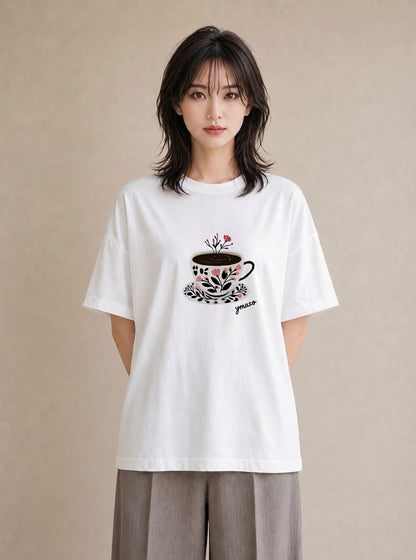 Tシャツ レディース 紅茶 食べ物 フード イラスト ラフカジュアル 公園 ママ 白T