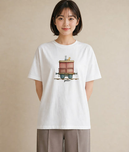 デザインTシャツ レディース 駅のホーム ローカル線 駅 ナチュラル アンティーク イラスト レトロ 20代 カジュアルコーデ 白T