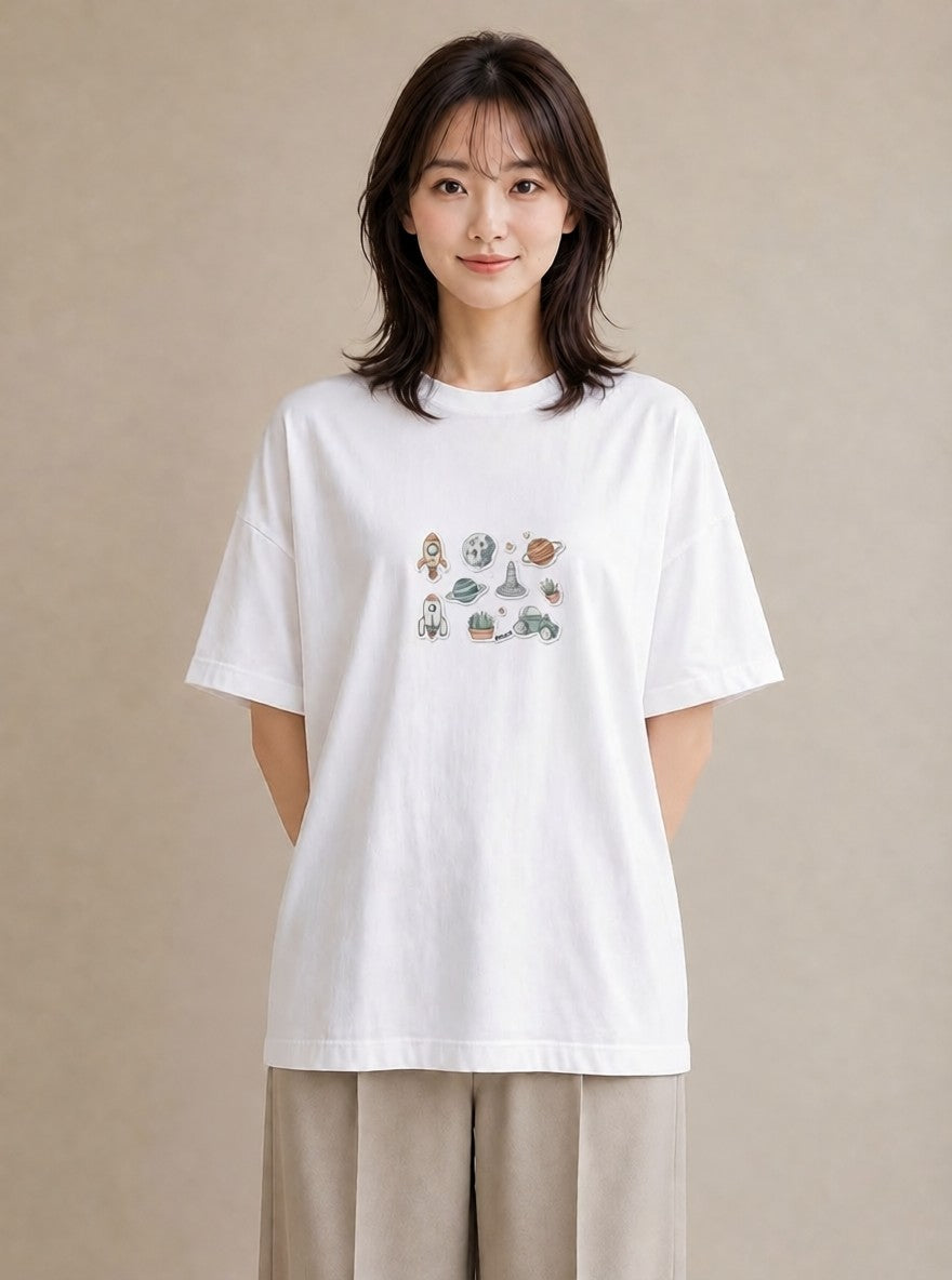 Tシャツ レディース 宇宙 星空 イラスト アート風 通勤 在宅 白T