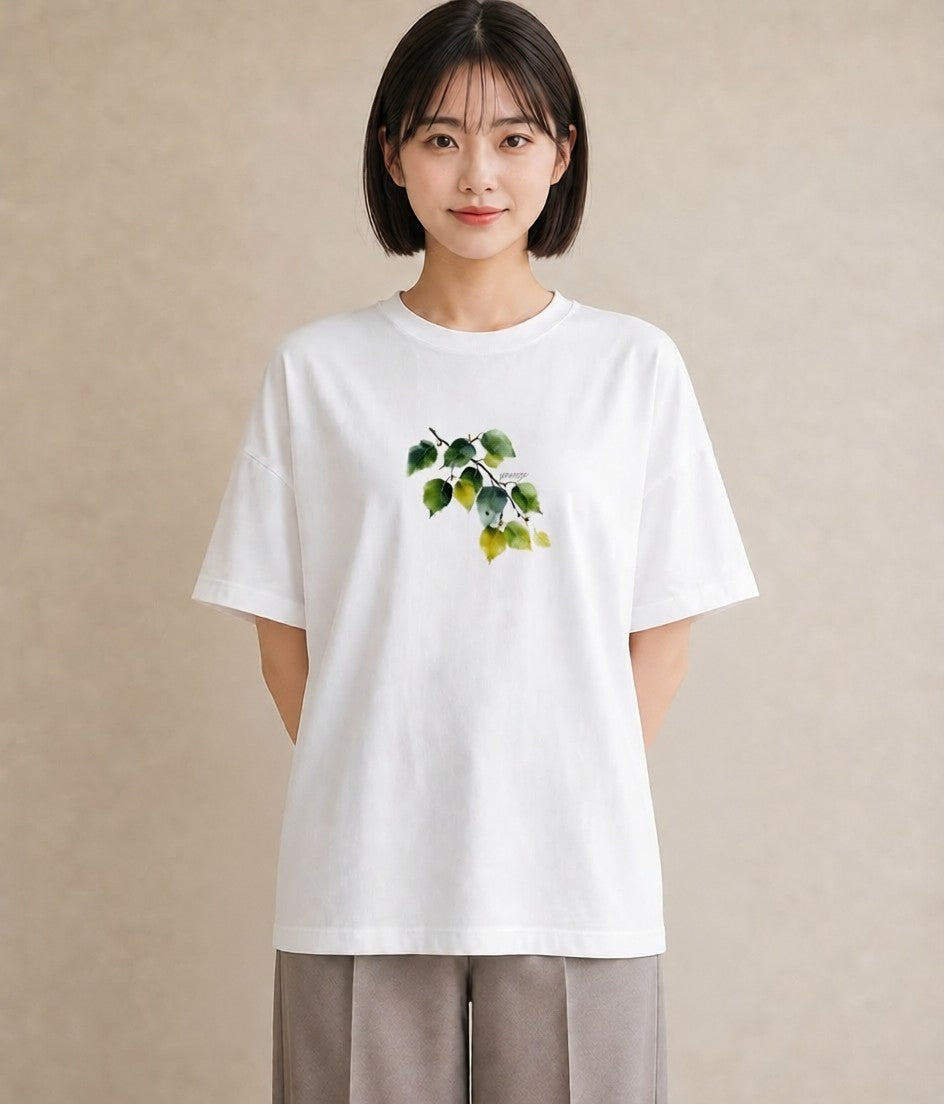 グラフィックTシャツ レディース 新緑 植物 ボタニカル イラスト 抜け感 ミセス 春コーデ 白T