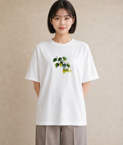 グラフィックTシャツ レディース 新緑 植物 ボタニカル イラスト 抜け感 ミセス 春コーデ 白T