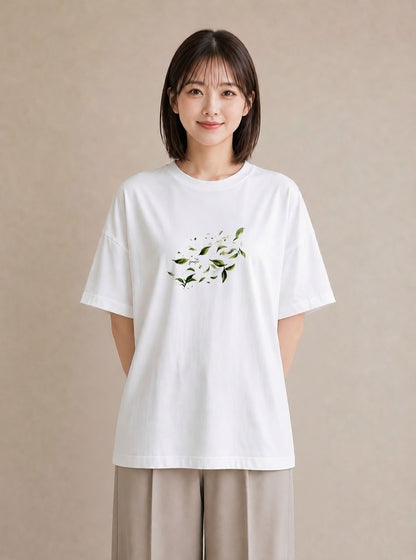 グラフィックTシャツ レディース 新緑 植物 ボタニカル イラスト アート風 普段着 週末コーデ 白T