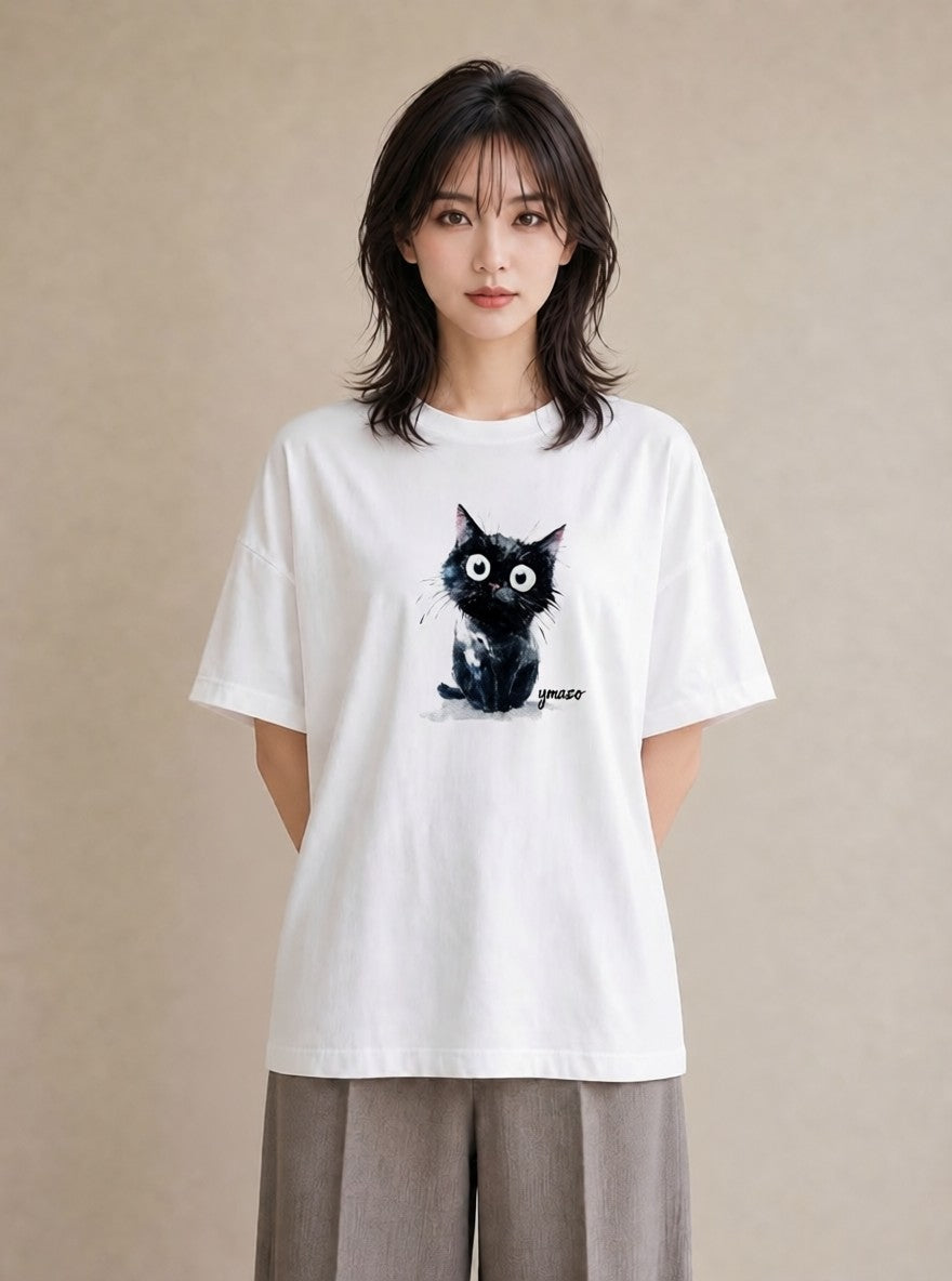 デザインTシャツ レディース ハチワレ 白黒猫 猫 ねこ イラスト 手描き風 母娘コーデ 自分用 白T
