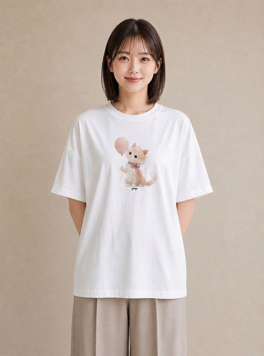 半袖Tシャツ レディース 子猫 猫 ねこ イラスト こなれ感 おしゃれギフト 社会人 白T