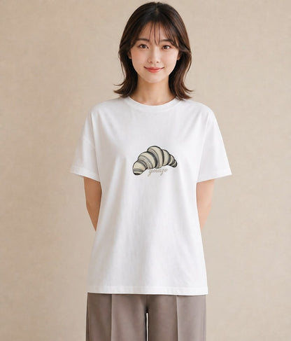 プリントTシャツ レディース パン ベーカリー レトロ イラスト 水彩風 ペアコーデ 秋コーデ 白T