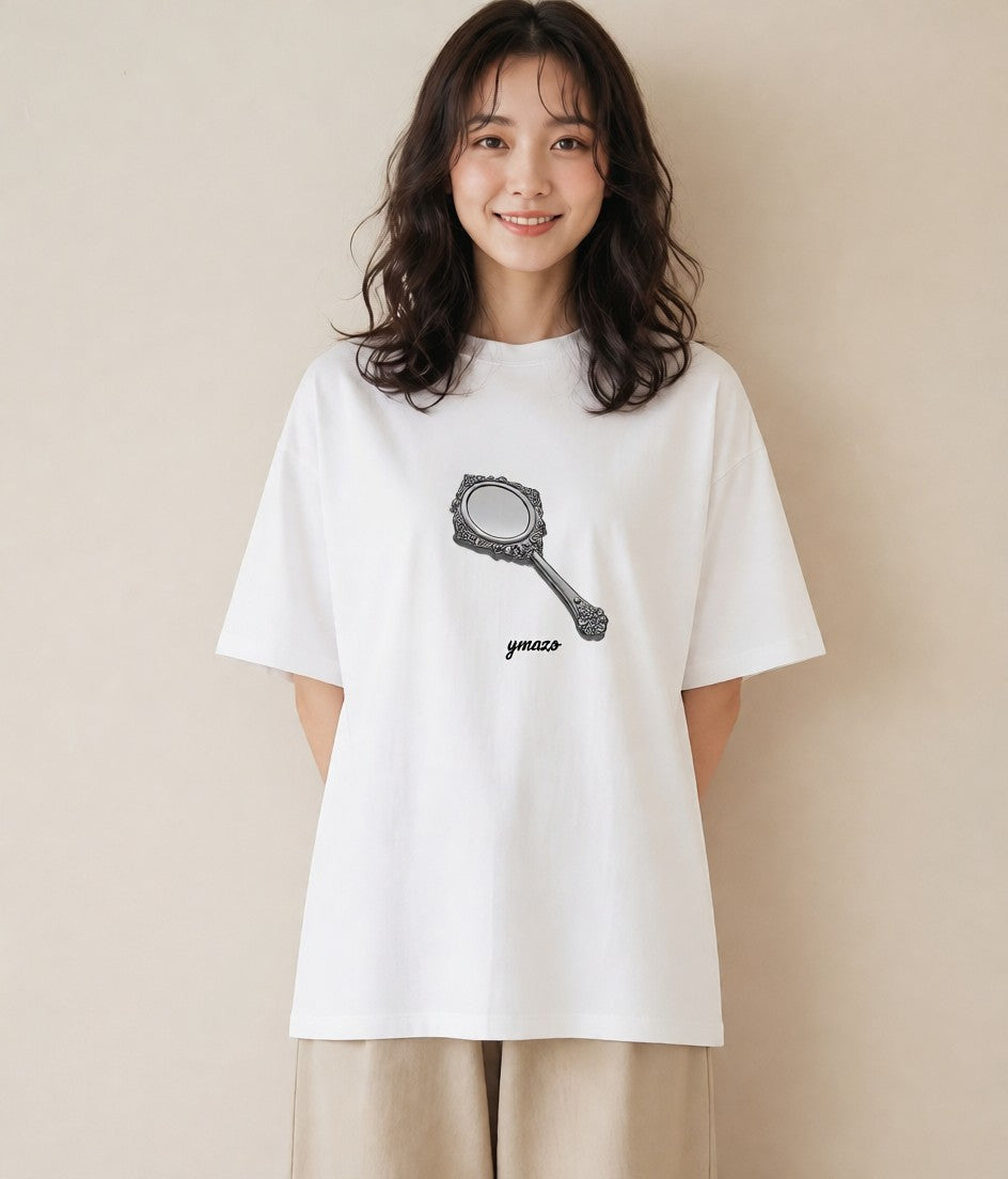 デザインTシャツ レディース 手鏡 アンティーク レトロ ナチュラル イラスト 個性的 自分用 ルームウェア 白T