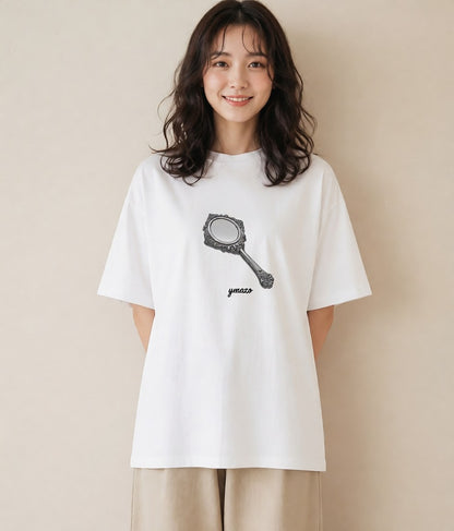 デザインTシャツ レディース 手鏡 アンティーク レトロ ナチュラル イラスト 個性的 自分用 ルームウェア 白T