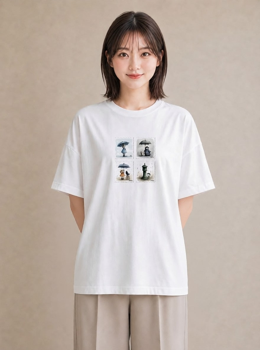 半袖Tシャツ レディース 傘 水たまり 雨 ナチュラル アンティーク イラスト ヴィンテージ風 デイリーウェア 休日 白T