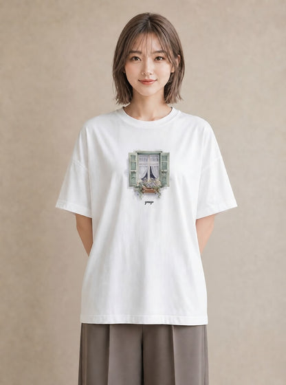 プリントTシャツ レディース 窓辺の雨 雨の日 窓 ナチュラル アンティーク イラスト ミニマル レイヤード 友達ギフト 白T