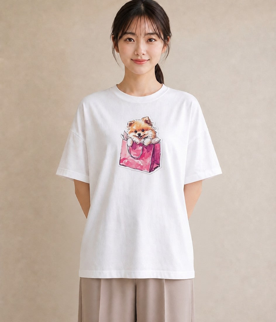 半袖Tシャツ レディース ポメラニアン ポメ 犬 いぬ イラスト ミニマル お出かけ 普段着 白T