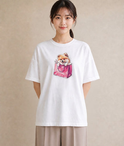 半袖Tシャツ レディース ポメラニアン ポメ 犬 いぬ イラスト ミニマル お出かけ 普段着 白T