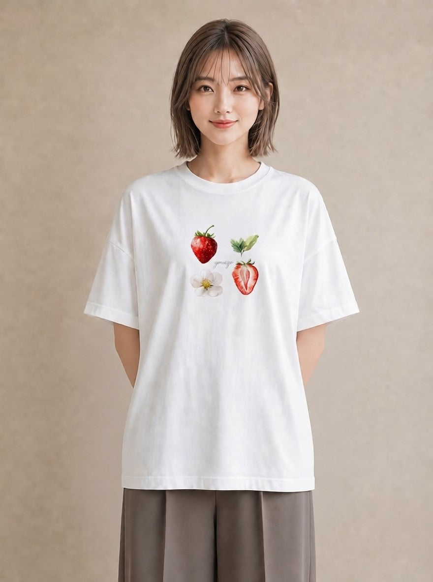 半袖Tシャツ レディース いちご 苺 ストロベリー 食べ物 フード イラスト ギフト 母の日 白T