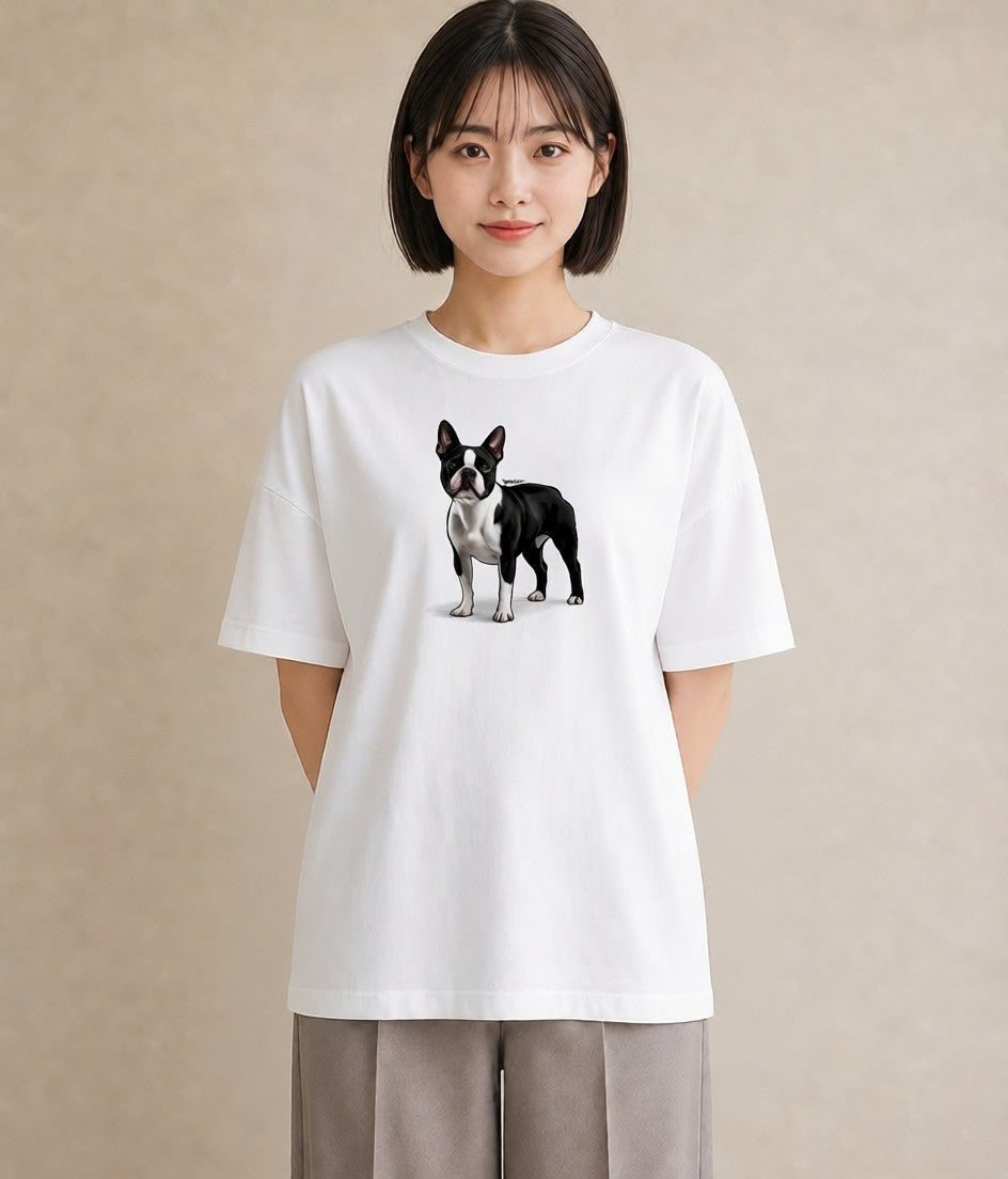 半袖Tシャツ レディース ボストンテリア 犬 いぬ イラスト フェミニン デート 帰省 白T