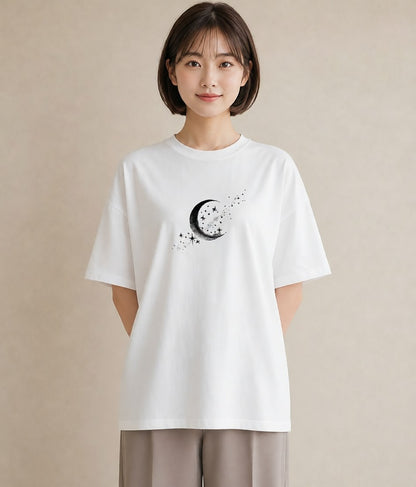 プリントTシャツ レディース 月と星 星空 ムーン イラスト カフェ巡り 女子会 白T