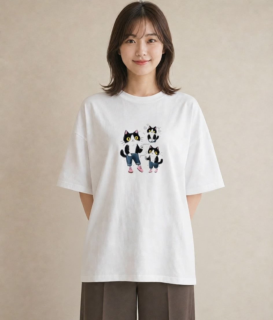 Tシャツ レディース ハチワレ 白黒猫 猫 ねこ イラスト ゆるかわ ビーチ デイリーウェア 白T
