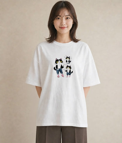 Tシャツ レディース ハチワレ 白黒猫 猫 ねこ イラスト ゆるかわ ビーチ デイリーウェア 白T