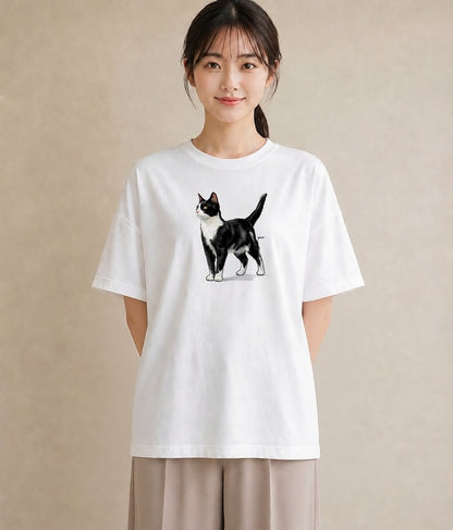 半袖Tシャツ レディース しっぽ 猫 ねこ イラスト ヴィンテージ風 在宅 公園 白T