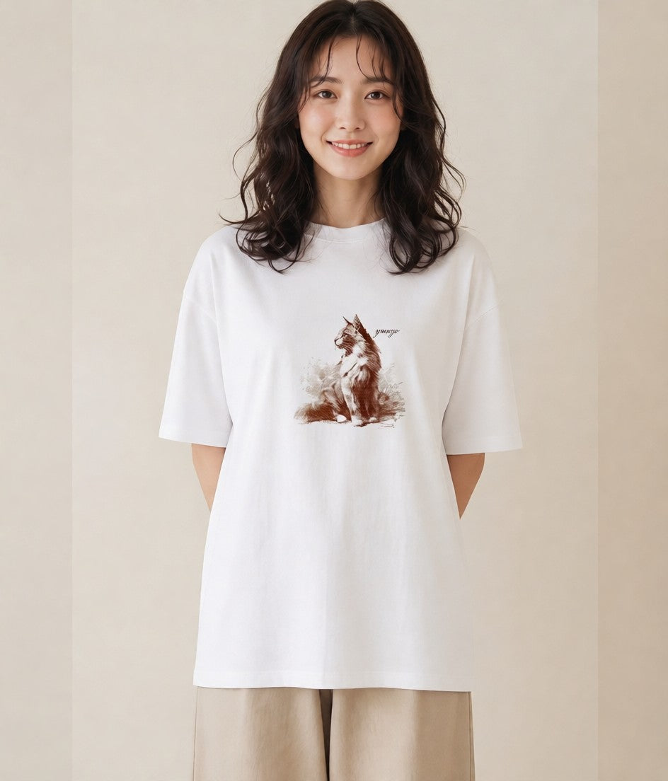 グラフィックTシャツ レディース ソマリ 猫 ねこ イラスト 水彩風 買い物 夏コーデ 白T