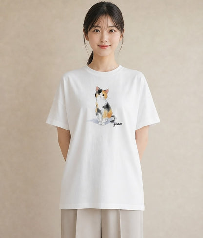 半袖Tシャツ レディース 白猫 猫 ねこ イラスト ミニマル 20代 カジュアルコーデ 白T