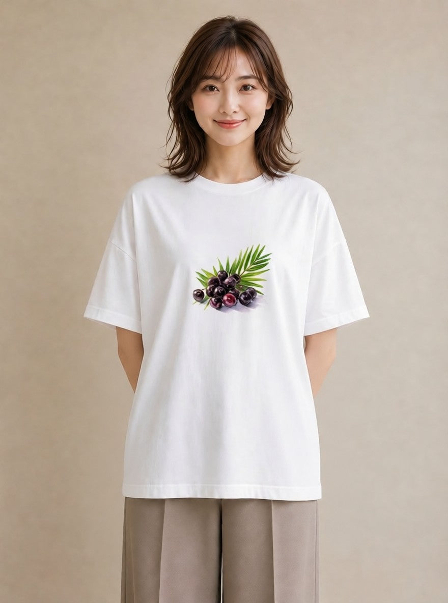 プリントTシャツ レディース ぶどう 葡萄 食べ物 フード イラスト シック 送別ギフト 通勤 白T