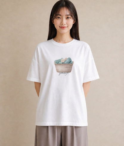 Tシャツ レディース 自転車のかご 自転車 花かご ナチュラル アンティーク イラスト 個性的 週末コーデ 敬老の日 白T