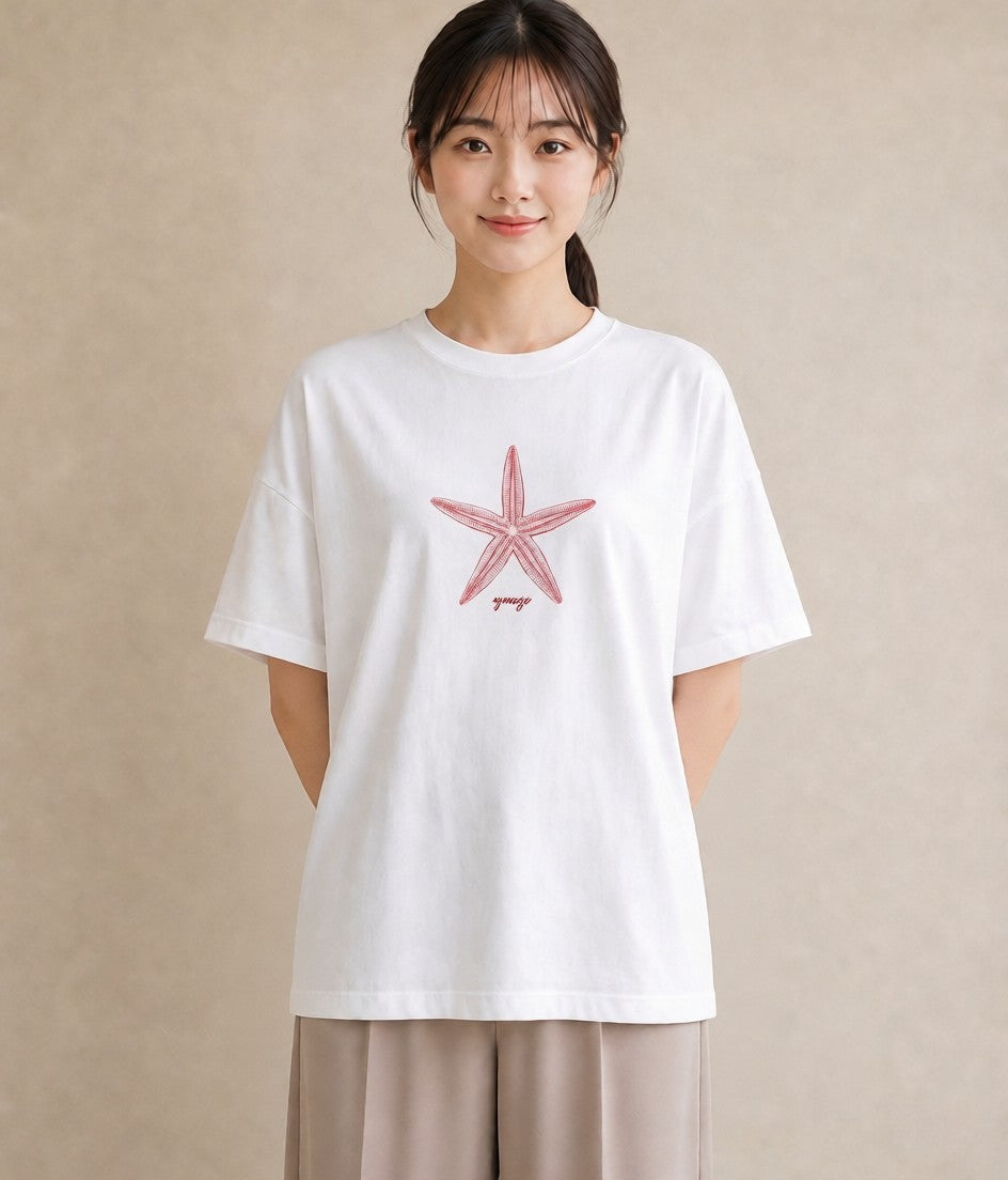 プリントTシャツ レディース ヒトデ 海の生き物 海 イラスト カフェコーデ レイヤード 友達ギフト 白T