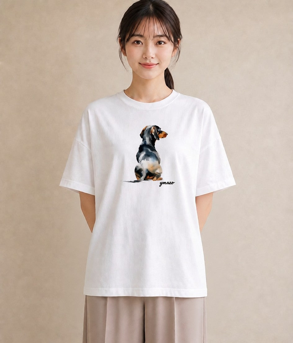 デザインTシャツ レディース ミニチュアダックスフンド 犬 いぬ イラスト フェミニン 通学 誕生日プレゼント 白T