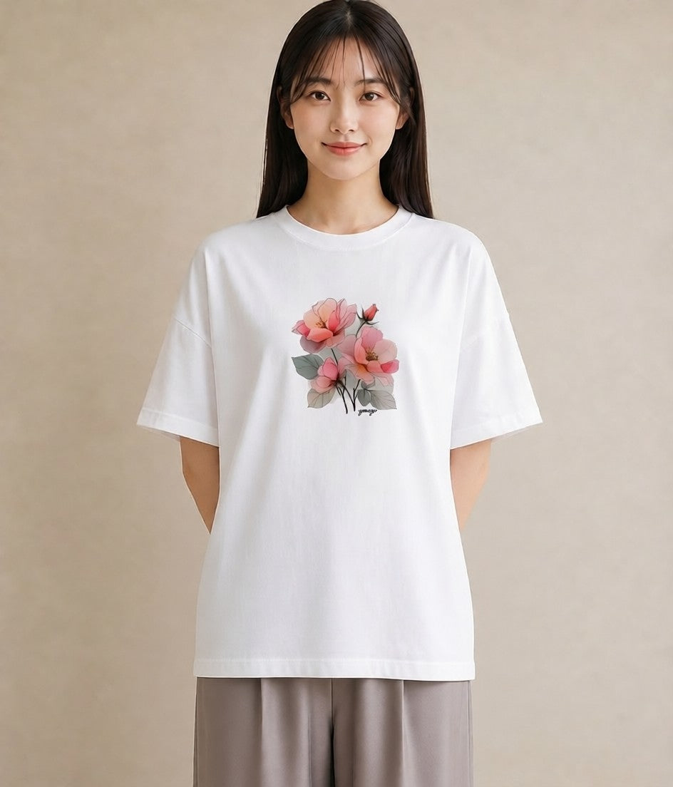 デザインTシャツ レディース 椿 花 花柄 イラスト ポップ 誕生日プレゼント 綿100 白T