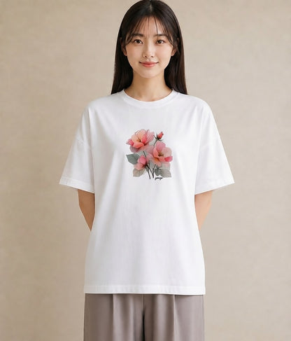 デザインTシャツ レディース 椿 花 花柄 イラスト ポップ 誕生日プレゼント 綿100 白T