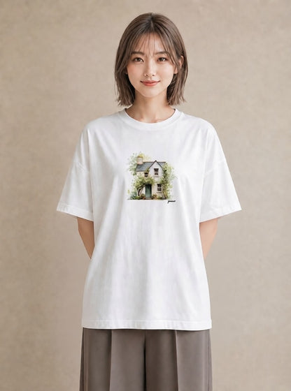 半袖Tシャツ レディース 湖畔の小屋 湖 小屋 ナチュラル アンティーク イラスト シック ラフ レイヤード 白T