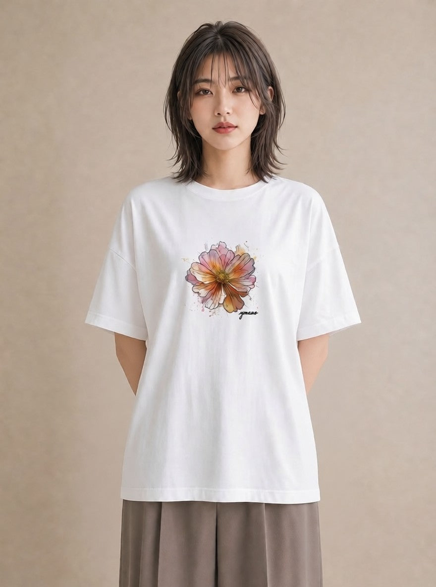 半袖Tシャツ レディース コスモス 秋桜 花 花柄 イラスト 淡色 在宅 公園 白T