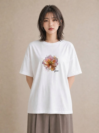 半袖Tシャツ レディース コスモス 秋桜 花 花柄 イラスト 淡色 在宅 公園 白T
