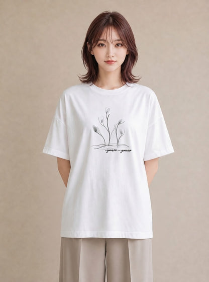 半袖Tシャツ レディース 観葉植物 ボタニカル 植物 イラスト ミニマル 自分用 ルームウェア 白T