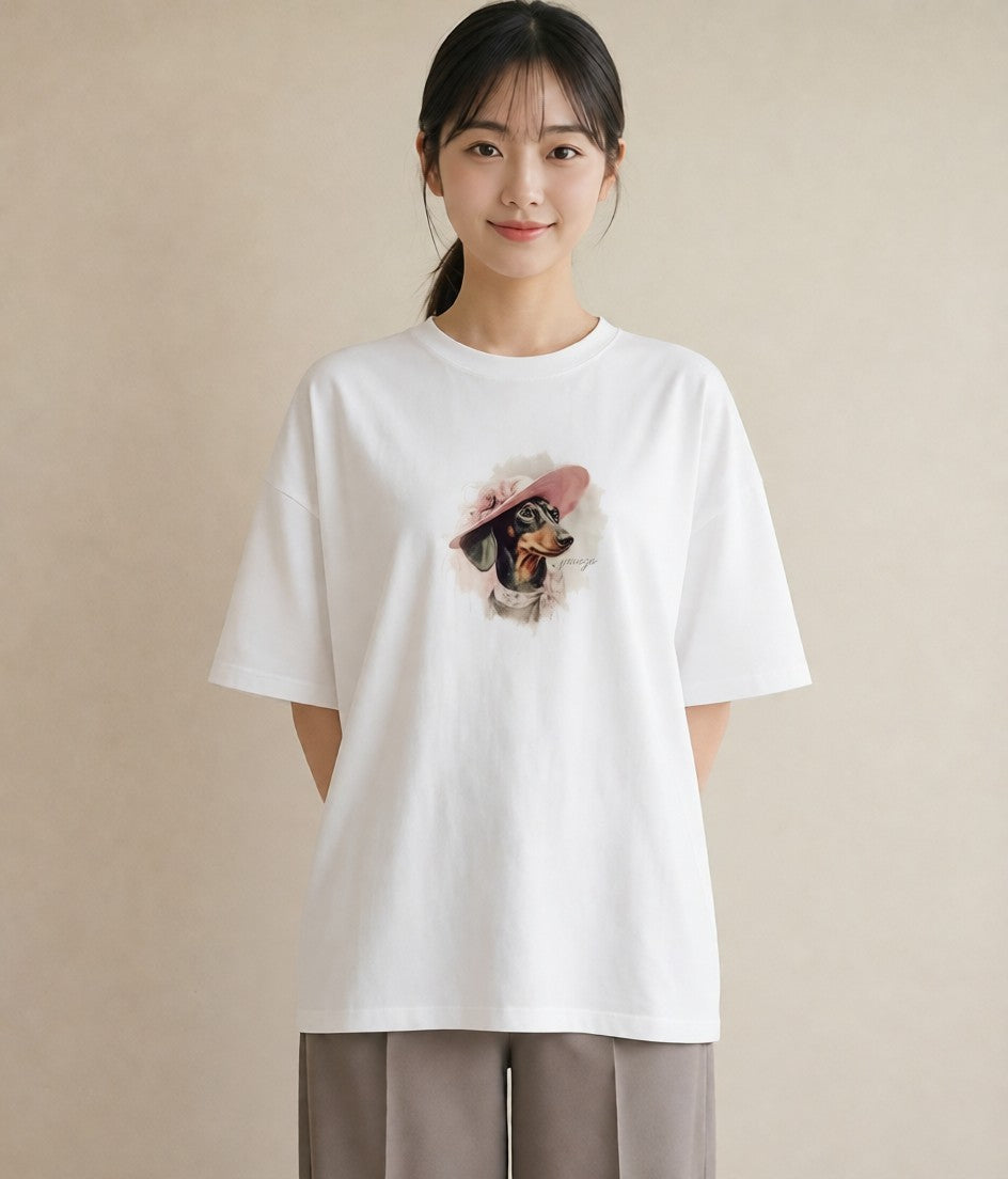 半袖Tシャツ レディース ミニチュアダックスフンド 犬 いぬ イラスト シック 夏コーデ 通学 白T