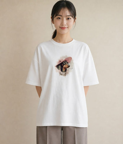 半袖Tシャツ レディース ミニチュアダックスフンド 犬 いぬ イラスト シック 夏コーデ 通学 白T