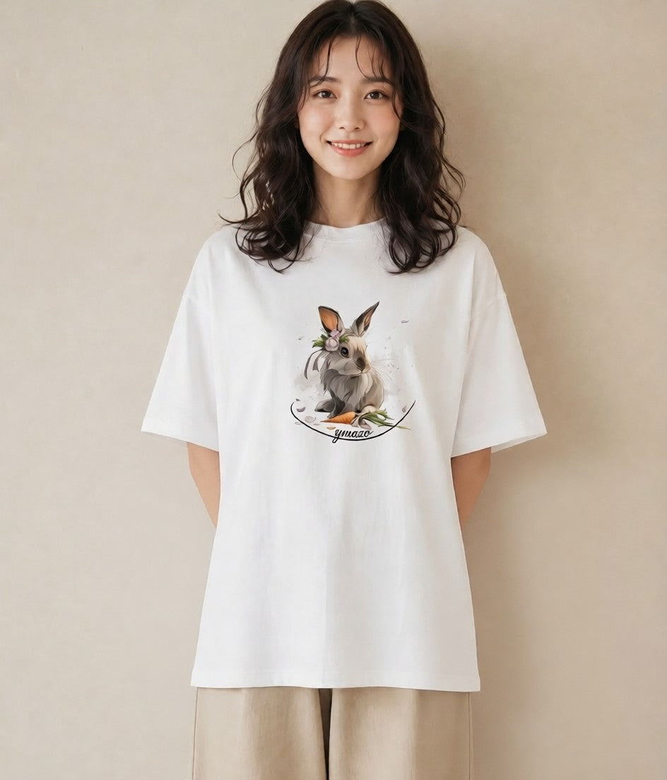 半袖Tシャツ レディース ウサギ系野生 動物 アニマル イラスト ナチュラル ホワイトデー 春服 白T
