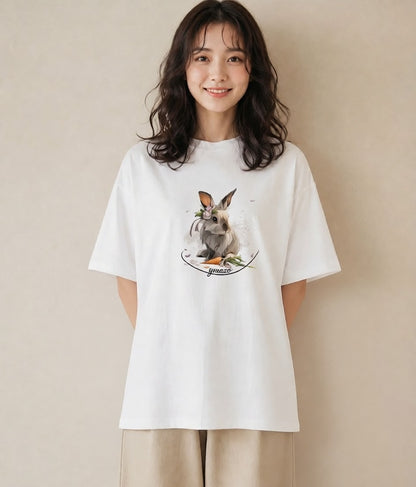 半袖Tシャツ レディース ウサギ系野生 動物 アニマル イラスト ナチュラル ホワイトデー 春服 白T
