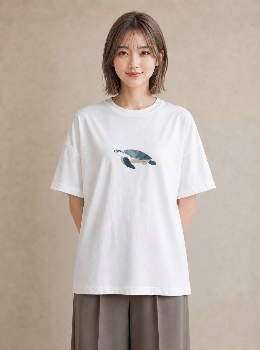 グラフィックTシャツ レディース ウミガメ 海の生き物 海 イラスト モード 20代 カジュアルコーデ 白T