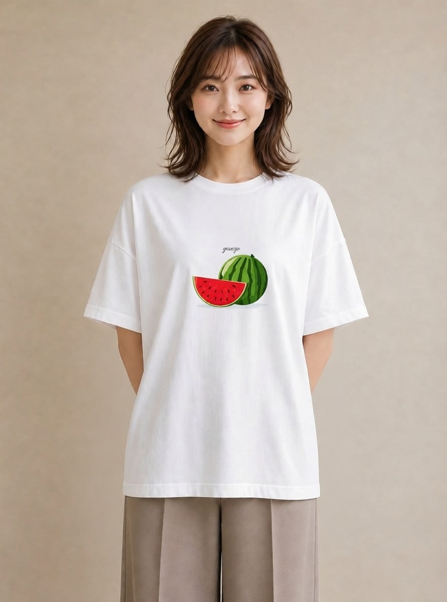 プリントTシャツ レディース すいか 食べ物 フード イラスト ラフカジュアル 在宅 公園 白T