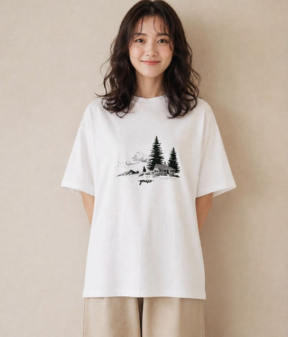 プリントTシャツ レディース 湖畔の小屋 湖 小屋 ナチュラル アンティーク イラスト きれいめカジュアル 敬老の日 ホワイトデー 白T