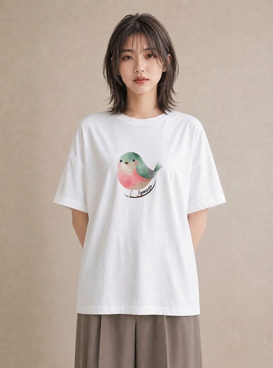 Tシャツ レディース ボタンインコ ペット 動物 イラスト 普段使い ママ カフェ服 白T