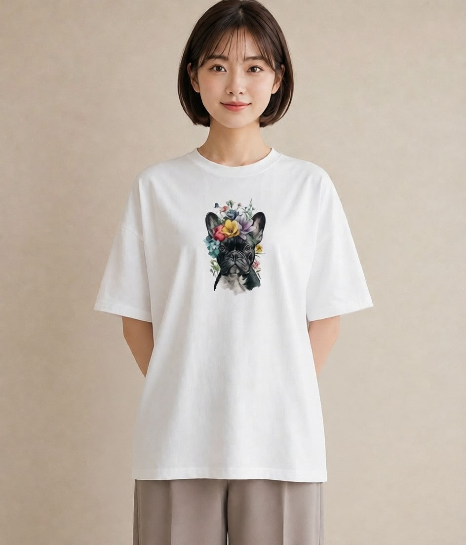 デザインTシャツ レディース フレンチブルドッグ フレブル 犬 いぬ イラスト カフェ服 クリスマス 白T