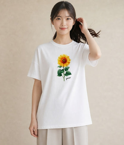 プリントTシャツ レディース ひまわり 向日葵 花 花柄 イラスト シンプル ビーチ デイリーウェア 白T